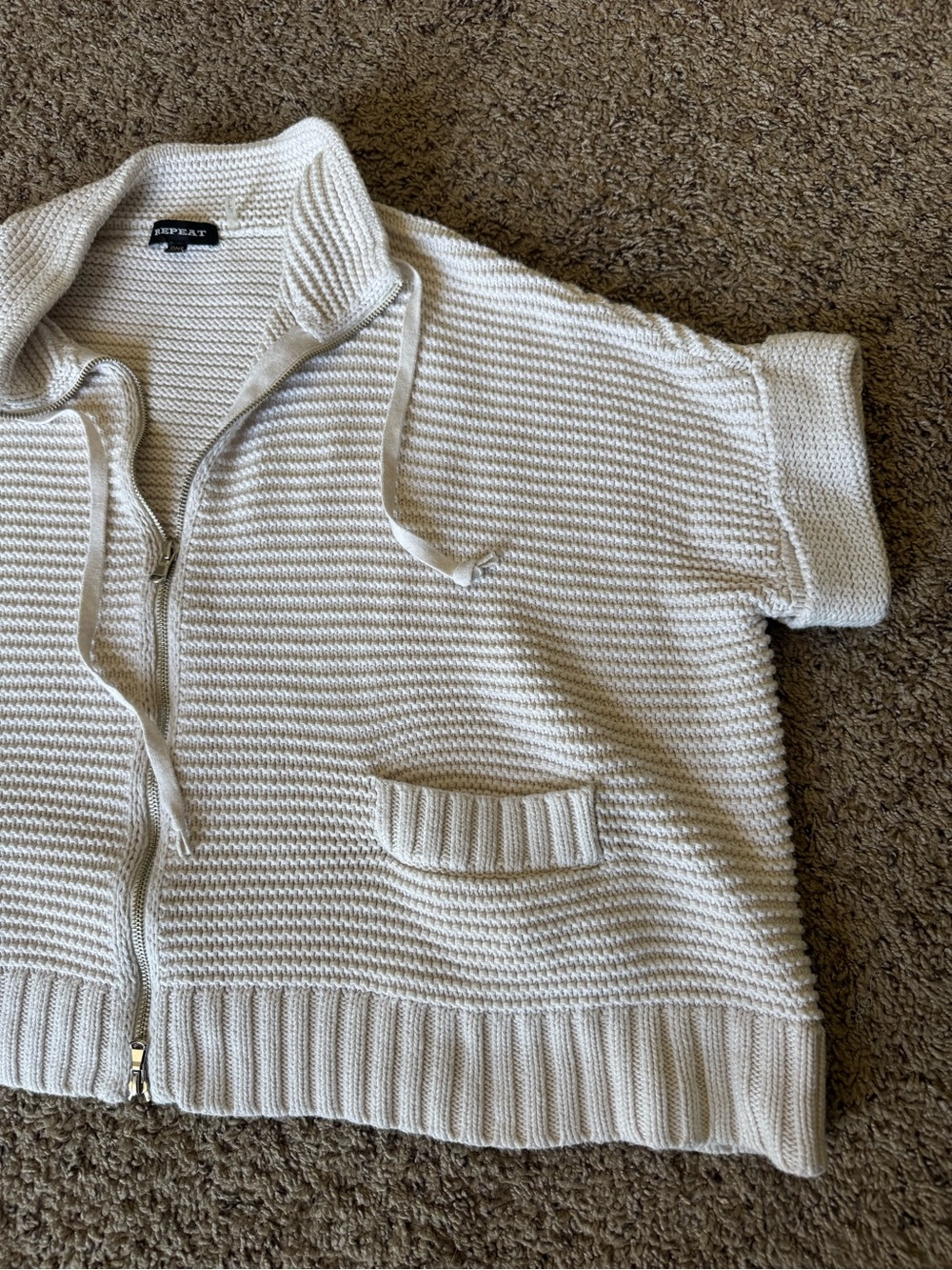 REPEAT Cream Knit Zip-Front Short Sleeve Cardigan O/S - Picture 4 of 7